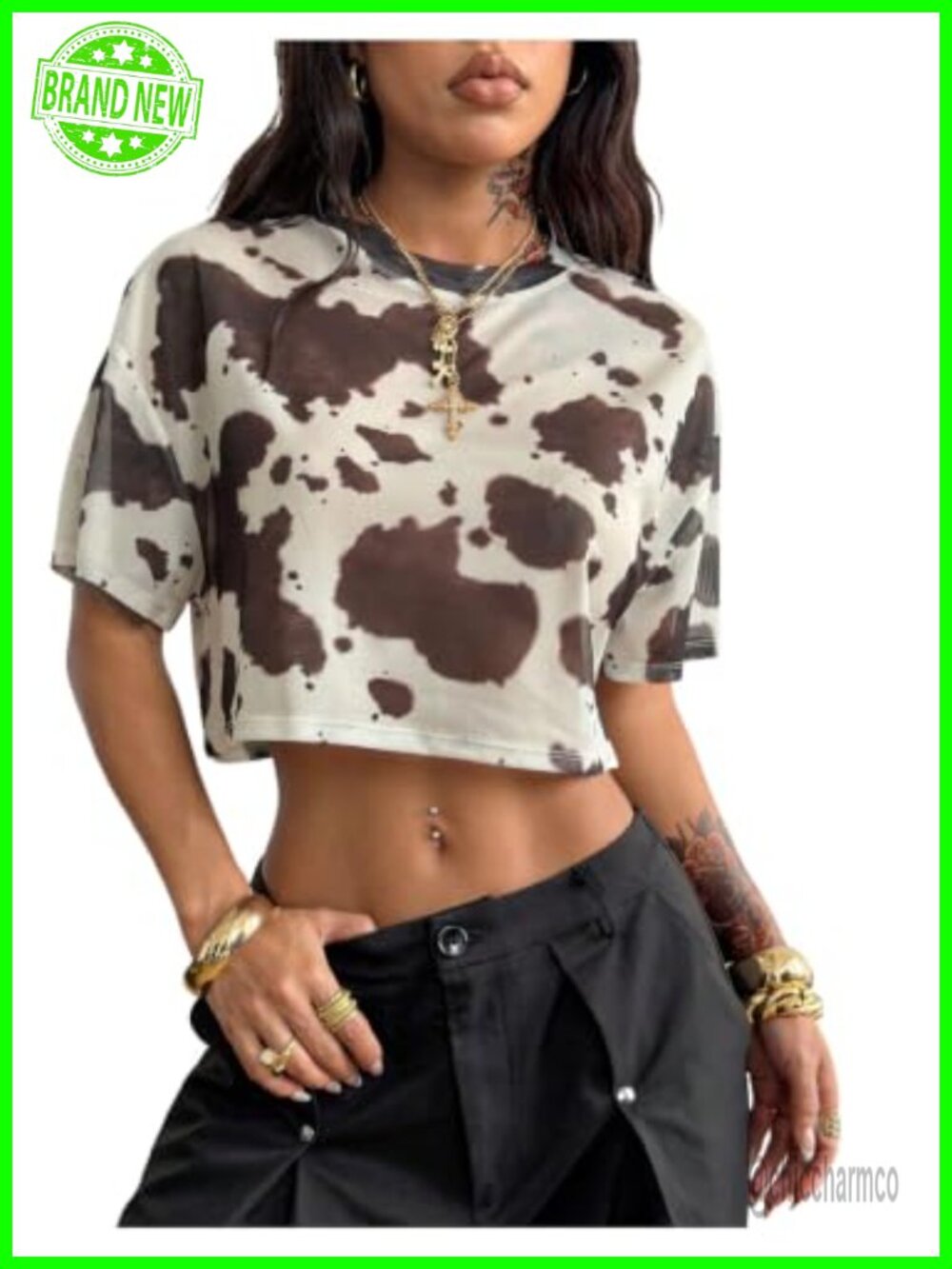 Women's Cow Print Crop Top Short Sleeve Crew Neck Western T Shirt